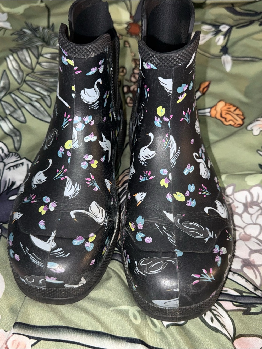 Vera Bradley Black Swan & Floral Rain Ankle Boots